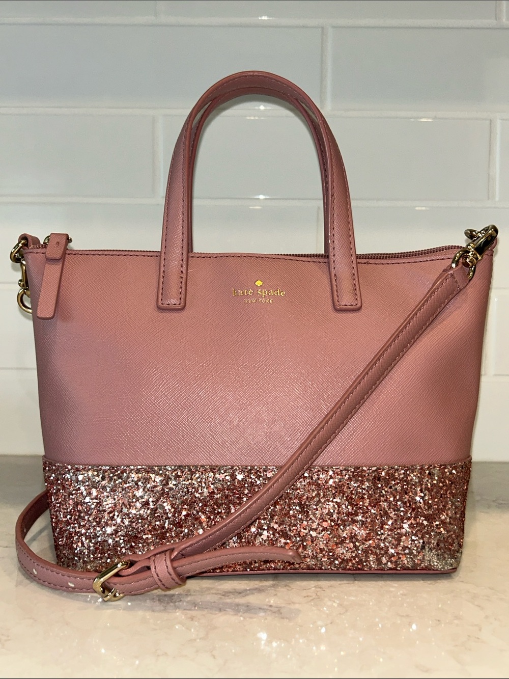 Kate Spade Ina Greta Court Glitter Crossbody Bag in the Dusty Peony